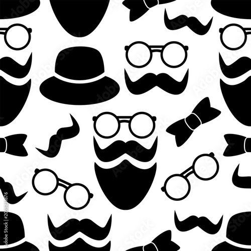 Seamless pattern with mustache, beard, hat, bow tie and glasses