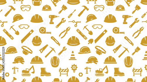 Valokuva Construction tools and safety equipment pattern golden icons on white