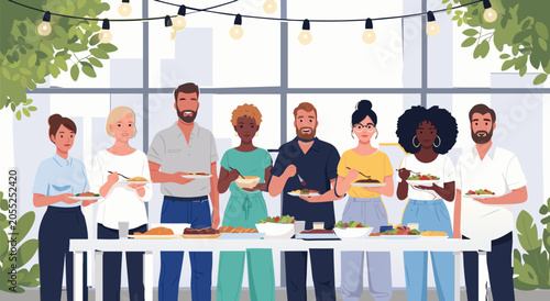 Fotografía Diverse group of people enjoying a meal together at a table with food in a moder