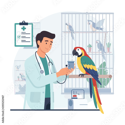 Flat design vector illustration of a pet bird in a cage