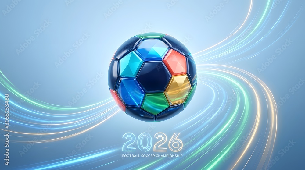 Naklejka premium 2026 Football Soccer Championship Concept Art with Colorful Glossy Ball and Dynamic Glowing Light Trails on Blue Background