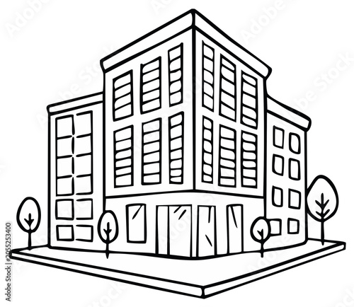 Modern office building facade with windows and trees line art illustration