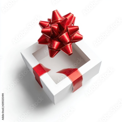 An empty white square gift box, accented with a shiny red bow and ribbon, sits isolated on a bright, white backdrop