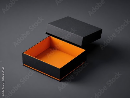 An open black box with orange interior sits on a dark gray surface. The lid is slightly ajar, casting a shadow