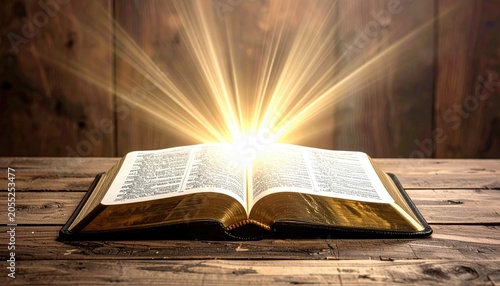 An open, golden-edged book on a wooden surface, emitting radiant beams of light against a rustic wood-planked background