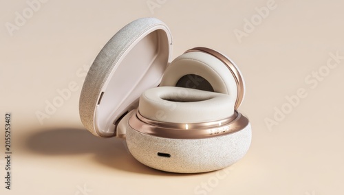 An open, wireless headset rests, revealing a plush ear cup within its protective clamshell case. Metallic accents and a neutral palette dominate