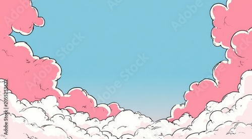 Cartoon-style depiction of the sky, framed by soft pink clouds with white outlines against a light blue backdrop. A whimsical, airy feel