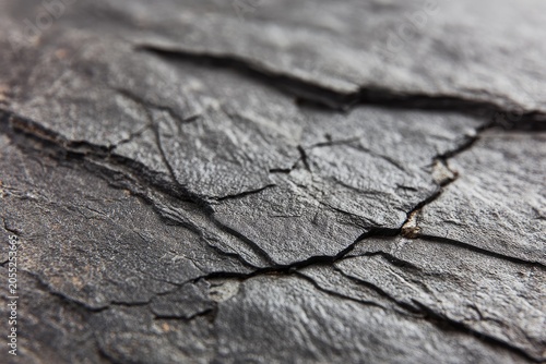 Close-up focus on rough, dark gray rock formation showcasing layers and fissures. The textures and shades create an abstract natural feel