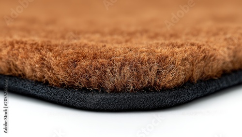Close-up angled view of a textured brown rug with a thick pile and a black border, set against a bright white background