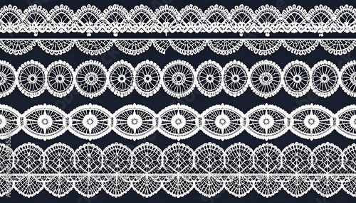 Delicate White Lace Trim Patterns Arranged in Horizontal Rows on Dark Blue Fabric