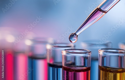 Close-up of a glass pipette dispensing a liquid drop into a row of test tubes, illuminated with blue and red hues