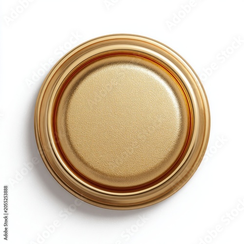 Close-up of a golden, circular lid, likely from a jar or container, set against a bright white background, casting a soft shadow