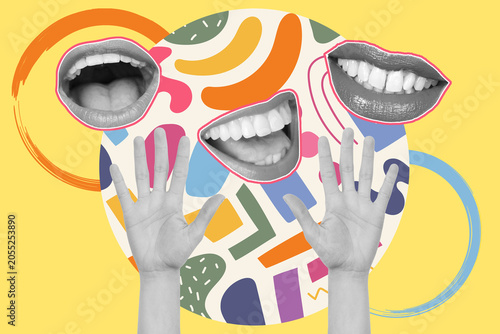 Collage de bocas abiertas sonrientes junto a unas manos de mujer sobre un fondo amarillo y un circulo de colores. Vista de frente y de cerca. Copy space