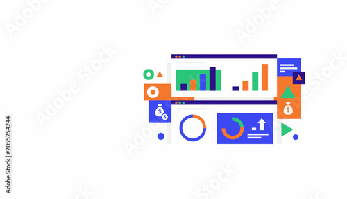 Modern digital data analytics dashboard with financial charts and graphs illustrating business growth, market analysis, and investment strategies.