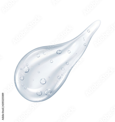 Glossy transparent gel droplet with suspended air bubbles on transparent background, evoking skincare serum, hyaluronic hydration and cosmetic product texture