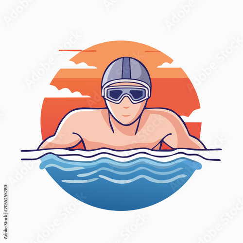 Swimmer in Water with Sunset Background