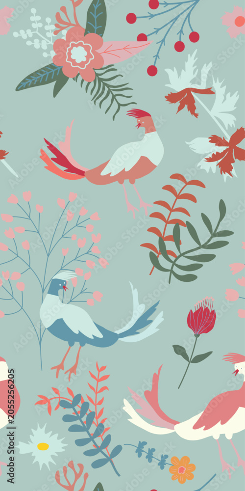 Obraz premium Seamless Folk Art Bird and Floral Pattern on Blue Background