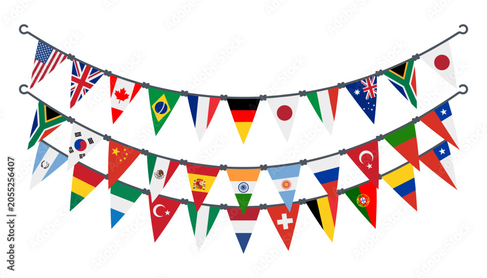 Obraz premium International flags bunting garland illustration for global events and multicultural celebrations