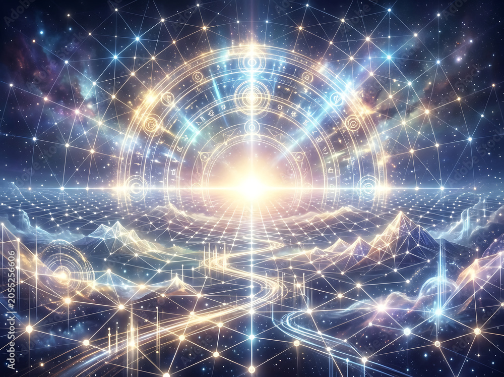 Obraz premium Vibrant Digital Network Connection with Glowing Lines and Stars in Space