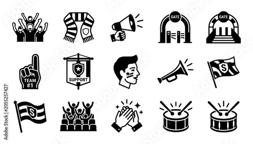 Sports fanatic glyphs vector icons for stadium events cheerleading and game day support