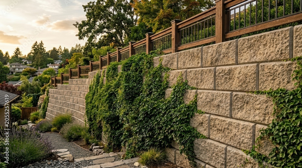 Obraz premium Stone retaining wall with wooden fence in hillside garden. Backyard landscaping project with climbing ivy plant on concrete block structure. Exterior home design and residential terrace.