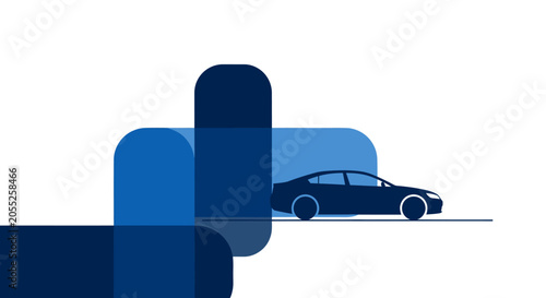 Sleek dark blue sedan car driving on a road with abstract blue geometric shapes in the background, clean modern design