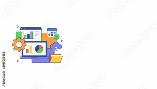 Business analytics and data visualization concept with charts, graphs, calendar, cloud and gear icons on white background