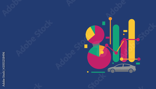 Colorful abstract illustration of car data analysis with charts, graphs, and statistics on a blue background