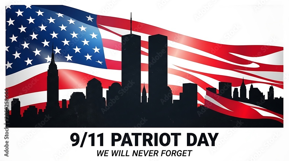 Naklejka premium Bold silhouette cityscape under a vibrant American flag, evoking national pride and remembrance on a significant historical day.