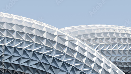 Photos 3D render of a white futuristic architectural dome with a geometric triangular p