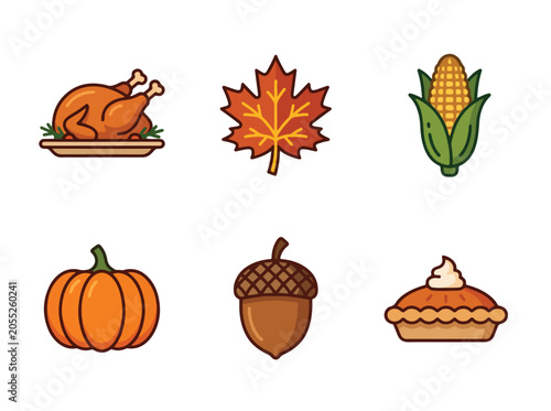 Cuadro en lienzo Colorful autumn harvest icons set featuring turkey pumpkin and corn vector