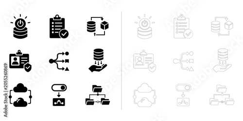 Data Management and Cloud Computing Icon Set with Database, Network Infrastructure, Server Systems, Access Control, Cloud Sync, Solid and Outline Vector Icons