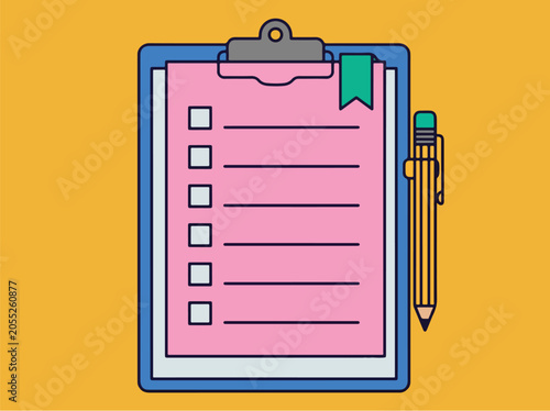 Vibrant vector illustration of a clipboard with checklist and pencil