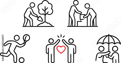 Fotografía Line art illustrations depicting people planting helping sharing and protecting
