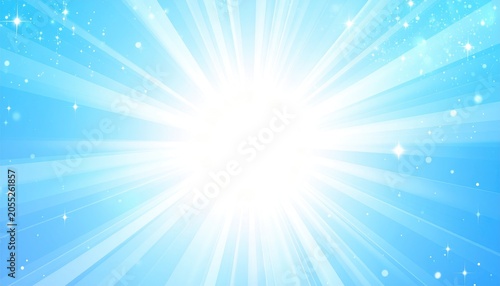 A vibrant burst of light emanating from the center, with shimmering stars on a backdrop of bright blue