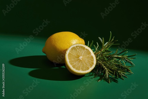 A vibrant composition featuring a whole lemon, a lemon half, and sprigs of green herb on a green backdrop, casting shadows