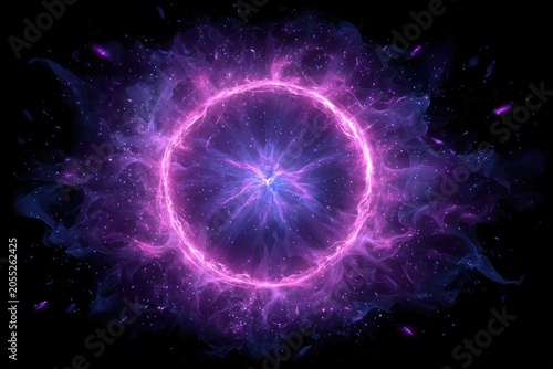 A vibrant, cosmic explosion, radiating energy from a central core of light with swirling gaseous nebula