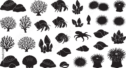 Tableau sur toile Ocean Life Silhouettes: Coral, Shells, Hermit Crabs, Sea Urchins, and Anemones V