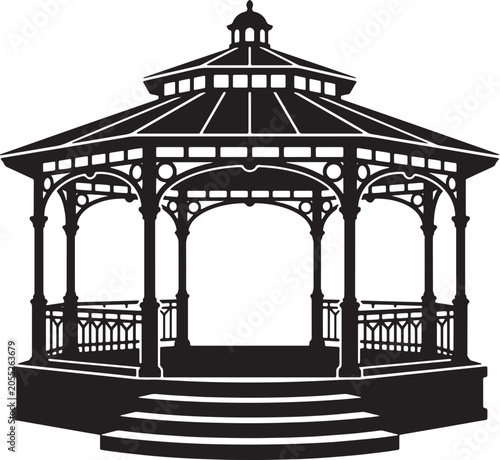 Slika na platnu Elegant Black Silhouette Gazebo Vector, Ornate Outdoor Pavilion Structure, Class