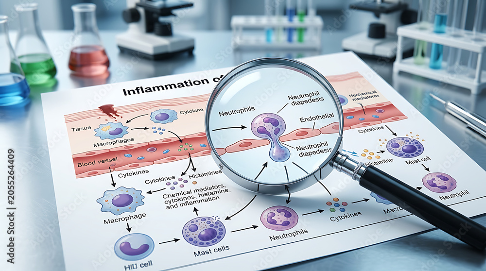 Fototapeta premium Magnifying glass examines complex inflammation diagram in laboratory setting, highlighting cellular processes and medical research.