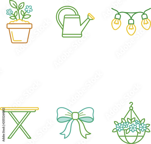 Colorful garden ornaments hang from a string with a potted plant on a table