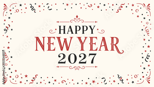 Happy New Year 2027 Confetti Border Vector Banner, Elegant 2027 New Year Minimal Greeting Card Design, Simple Happy New Year 2027 Celebration Typography Banner