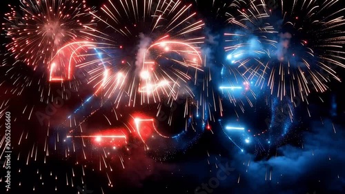 Patriotic 250 years anniversary celebration with fireworks and American colors, United States semiquincentennial 2026, red white blue glowing typography, Independence Day event