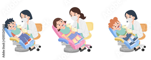 Kids and dentist illustration set showing dental checkups, healthy teeth care, and oral hygiene education