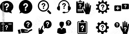 Foto Question Mark Icons Set: A collection of bold black icons representing questions, search, help, and support, perfect for illustrating inquiries, problem-solving, or information seeking
