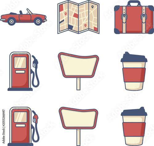 Travel icons including car, map, suitcase, gas pump, sign, and coffee cup