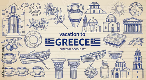 Photos Greece vacation charcoal doodle set with various icons and symbols on beige back