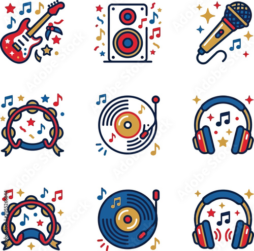 Music icons showcase various objects like guitar, speaker, microphone, headphones, and vinyl records in a colorful setting.