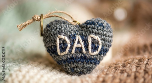 crochet heart photo for Fathers Day gift card with dad lettering and rustic fabric