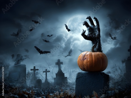 Jack-o'-lantern with bats flying on a dark haunted night